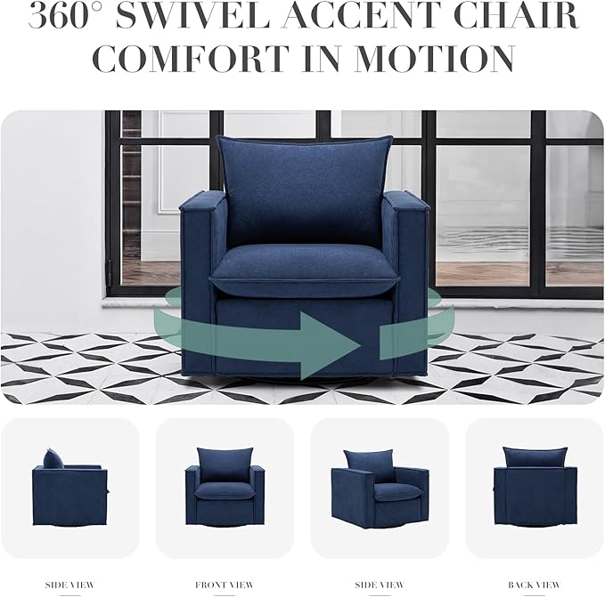 COLAMY Swivel Accent Chair, 34in Living Room Chair Upholstered Armchair with Back Pillow Modern Comfy Sofa Chair for Bedroom/Corner/Reading, Blue