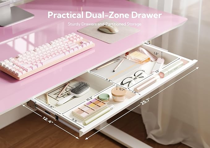 INNOVAR Glass Standing Desk with Drawers, Adjustable Height Stand Up Desk, Electric Standing Desks with Storage, 48 inch, Morandi Powder