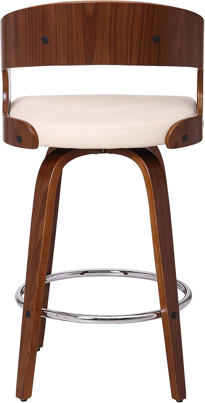 Armen Living Shelly 26" Counter Height Swivel Cream Faux Leather and Walnut Wood Bar Stool - Set of 4
