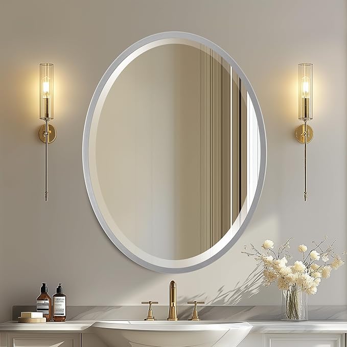 OVALCREST - Oval Wooden Beveled Wall Mirror for Home Decor, Bathroom, Vanity, Bedroom, Living Room, Hallway - London Style (Silver Spray) 13.1 x 17.1