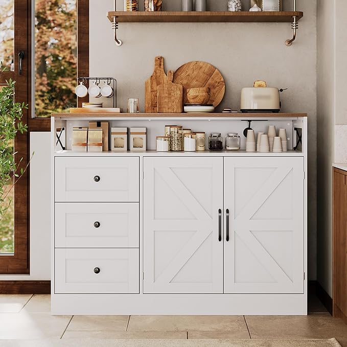 47inch Farmhouse Buffet Sideboard Cabinet, Wood Cupboard Storage Pantry Cabinet with Drawers, Coffee Bar Station Table for Kitchen Living Dining Room, White