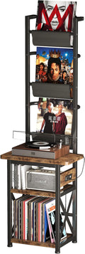 Record Player Stand with Power Outlet, 6 Tier Vinyl Record Display Shelf, Record Player Table with album storage up to 200 Albums, Console Organizer Display Shelf, Gifts for Music Lovers