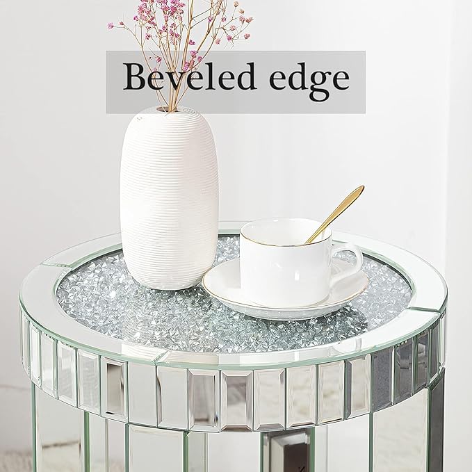 SHYFOY Mirrored End Table Round with Crystals Inlay, 2-Tier Modern Small Sofa Table with Storage, Silver Accent Table for Living Room, Bedroom, Coffee, and Small Spaces
