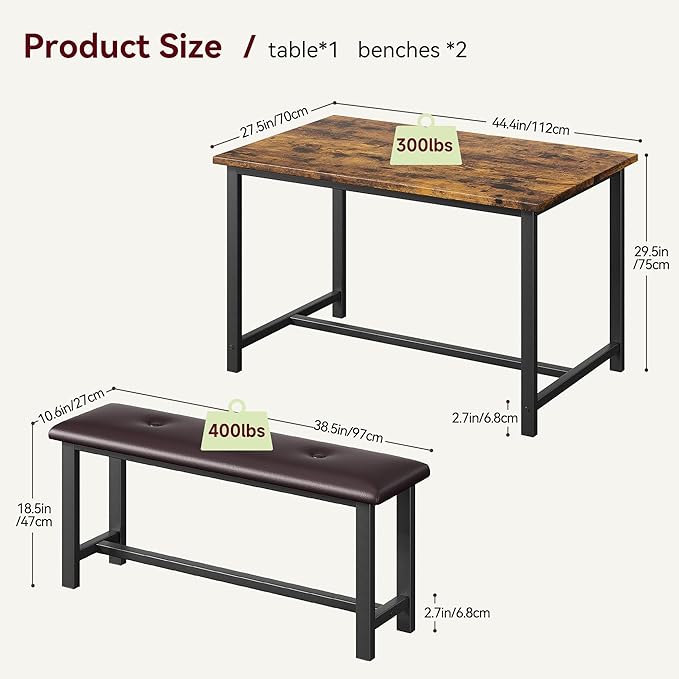 Dining Table Set for 4, Kitchen Table with 2 Upholstered Benches, 3-Piece Dining Room Set for Kitchen, Apartment and Small Spaces, Brown