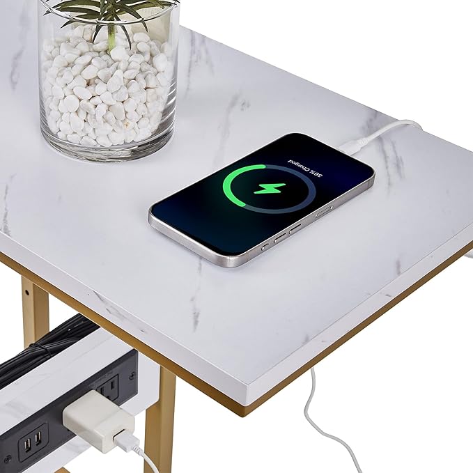VECELO C Shaped End Side Table with Charging Station & Power Outlets for Couch Sofa/Bed Snack TV Tray with Metal Frame for Living Room Bedroom 2 Set, Gold