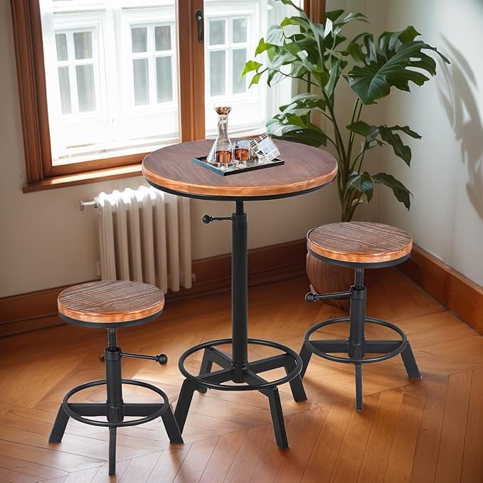 Farmhouse Bar Table 30-35.4inch Height Adjustable Rustic Bistro Pub Table for Kitchen Coffee House Vintage Cocktail Table Swivel Wooden Top