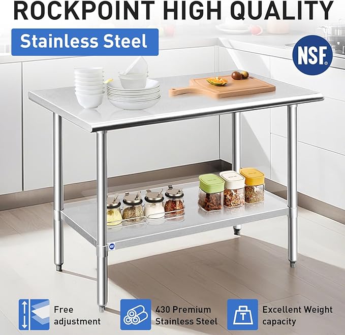 ROCKPOINT Stainless Steel Table for Prep & Work 14x30 Inches, NSF Metal Commercial Kitchen Heavy Duty Table with Adjustable Under Shelf and Table Foot for Restaurant, Home and Hotel
