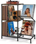 Record Player Stand with Vinyl Record Storage, Turntable Stand with 2-Tier Vinyl Display Shelf & Metal Frame, Record Holder for Living Room, Rustic Brown