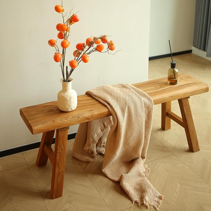 47.2in Wood Bench Indoor – Rustic Farmhouse Entryway Bench, Skinny Bench Design, Made of Extra-Thick Solid Wood, Perfect for Dining Room, Hallway, or End of Bed