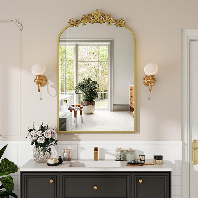 Vintage Arched Wall Mirror, 26x38 inch Retro Arch Bathroom Mirror, Carve Pattern Top Wall Mounted Vanity Mirror with Metal Frame, Bathroom Mirror Hanging or Leaning, Gold