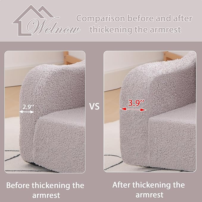 Welnow Kids Sofa, 2-in-1 Soft Sherpa Toddler Chair, Convertible Toddler Couch Lounger, Flip Out Kids Couch Chair with Side Pockets & Removable Cover for Girls and Boys, Grey
