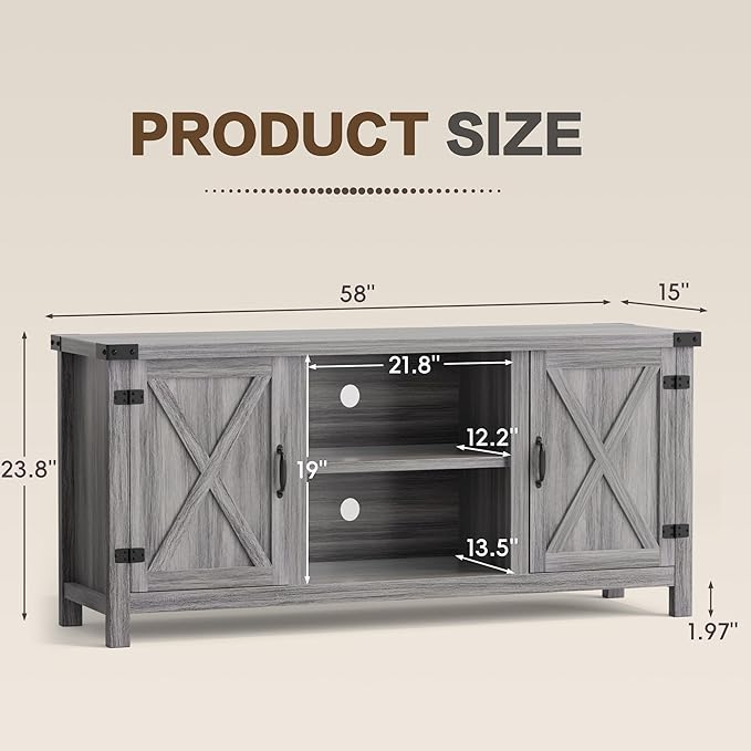 YESHOMY Farmhouse Buffet & Sideboard, 58" Kitchen Storage Cabinet with Adjustable Shelves & Doors, Wood Coffee Bar for Living Room, Entryway, Gray Washed