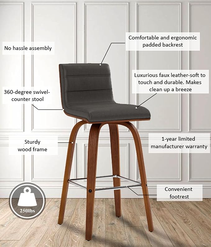 Armen Living Vienna 26" Swivel Counter Stool in Walnut Wood Finish with Gray Faux Leather - Set of 2