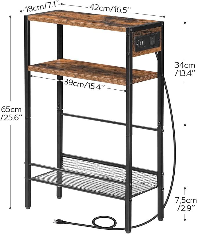 HOOBRO Small Narrow Side Table with Charging Station Set of 2, Skinny End Table for Small Spaces, Slim Nightstand with USB Ports Outlet, Sofa Beside Table with Storage Shelf BF102UBZP201
