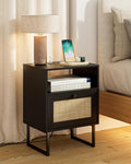 Rattan Nightstand with Charging Station, Boho Night Stand Farmhouse Wood Bedside Table with Storage and Open Shelf, End Side Accent Table for Bedroom,Living Room,Black