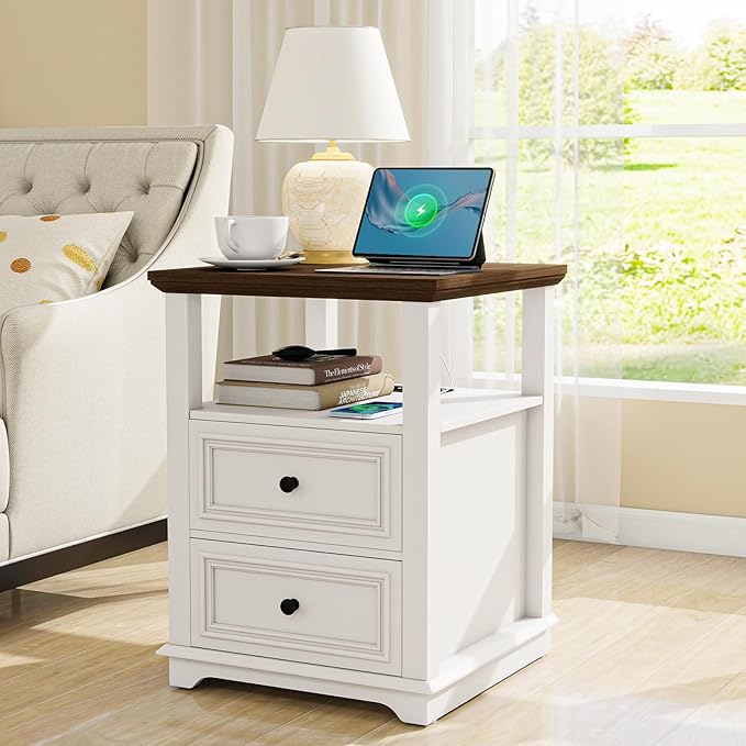 Vipbear Farmhouse Nightstand 18" White End Table with Charging Station & 2 Drawers, Rustic Bedside Table with Storage Shelf for Bedroom, Living Room,18.1" D x 18.1" W x 24.2" H, Set of 2