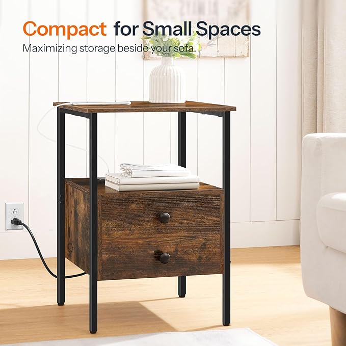 HOOBRO End Table Set of 2 with Charging Station, Nightstand with 2 Drawer & USB Ports & Power Outlets, Bedside Table for Small Spaces, Stable and Sturdy, for Living Room, Rustic Brown BF43UBZP201