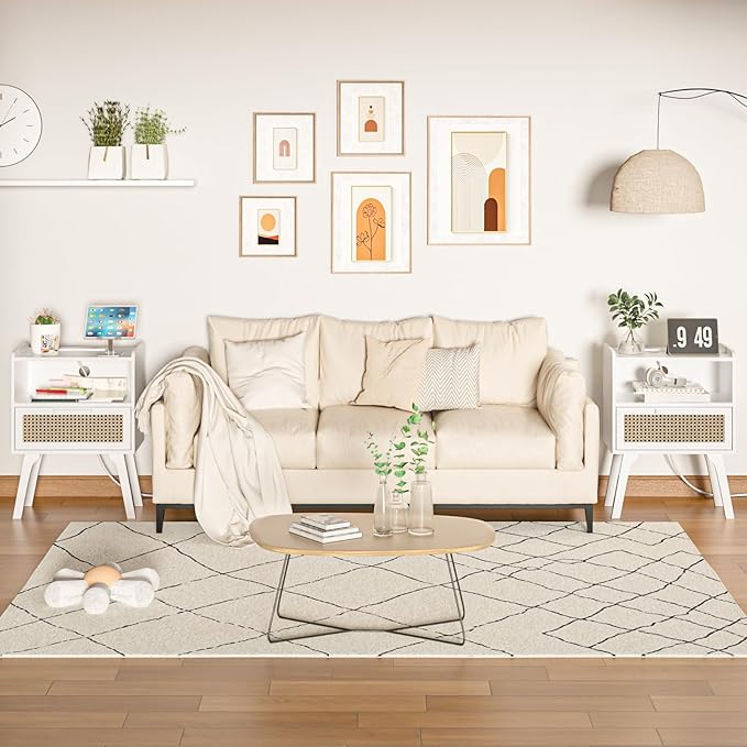 Lerliuo Rattan Nightstand with Charging Station, White Bedside Table with Drawer Open Shelf, Cane Accent Side End Table with Solid Wood Legs, Night Stand for Bedroom, Dorm and Small Spaces