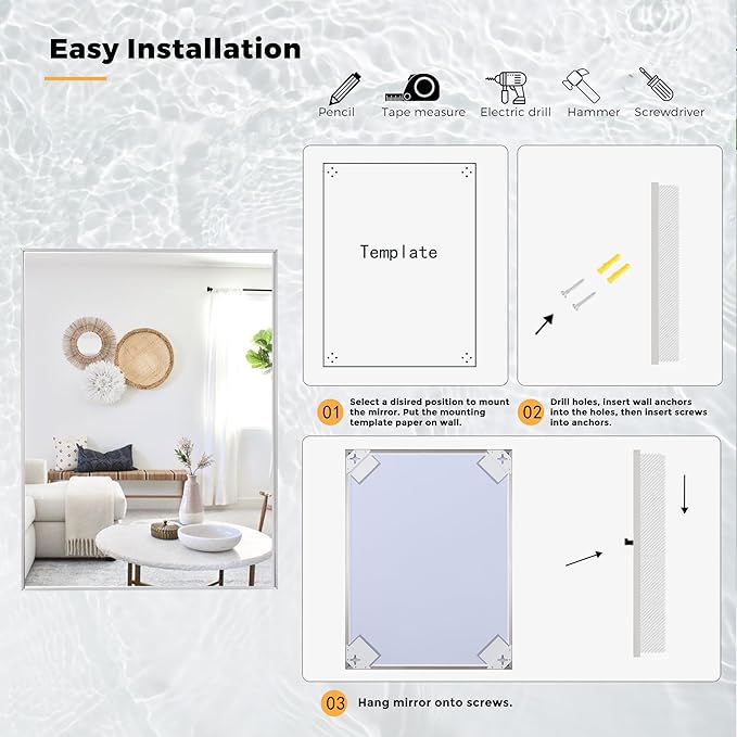 24x36 Inch Nickel Bathroom Mirror for Wall, Aluminum Frame Rectangle Rectangular Vanity Mirror, Modern Large for Bedroom, Living Room, Horizontal or Vertical