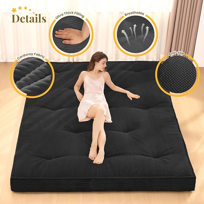 Japanese Floor Mattress, 4" Thicken Futon Mattress Queen Size Sleeping Pad, Corduroy Foldable Mattress Pad Roll Up Tatami Mat Floor Mattress for Adults（Black）