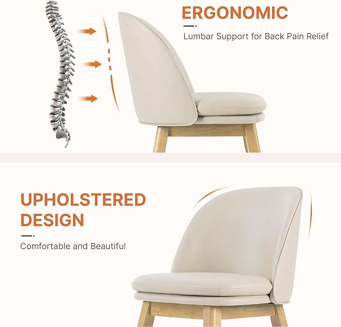 Wooden Dining Chairs Set of 2, Faux Leather Upholstered Modern Dining Room Chairs with Double-Layer Thick Seat Cushion & Ergonomic Backrest for Restaurant, Kitchen and Café, Beige
