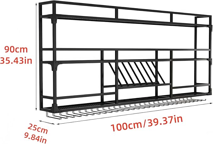 Metal Wall-Mounted Wine Rack with LED Light - 3 Tier Wine Storage Display Rack with Glass Holder - Space-Saving Bottle Display Shelf for Home Bars, Dining Rooms(Black, 39in/100cm)