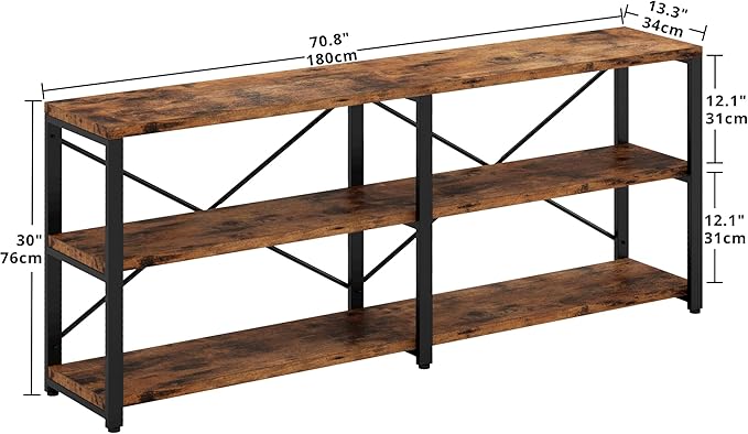 IRONCK Rustic Entryway Console Table, Long Hallway Table 70.8 in 3-Tier, TV Stand Entertainment Center Media Stand for Living Room, Industrial Style, Vintage Brown