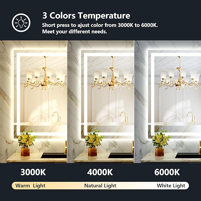 50x36 Inch LED Bathroom Mirror with Lights Front and Backlit Lighted Vanity Mirror for Bathroom Wall with 3 Colors Dimmable Anti-Fog Memory Shatter-Proof IP54 Waterproof Horizontal/Vertical