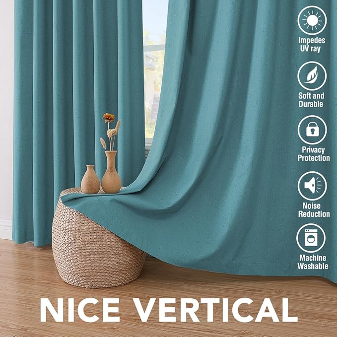 H.VERSAILTEX Primitive Linen Curtains 100% Blackout Curtain Drapes Burlap Fabric Curtains with White Thermal Insulated Liner, Grommet Top Drapes Living Room/Bedroom (2 Panels, 42 x 63 Inch, Teal)