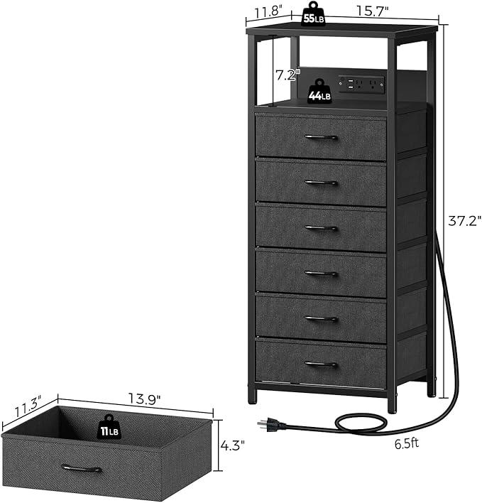 Seventable Night Stand with Charging Station, Tall Nightstand with 6 Fabric Storage Drawers, Side Table with LED Light for Bedroom, Entryway, Black, Set of 2