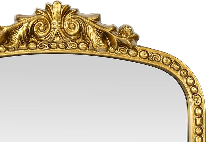 Traditional Ornate Floor Mirror Gold Arched Framed Full Length Wall Mirror Baroque Inspired Full Body Mirror, Antiqued Gold 30 x 60''