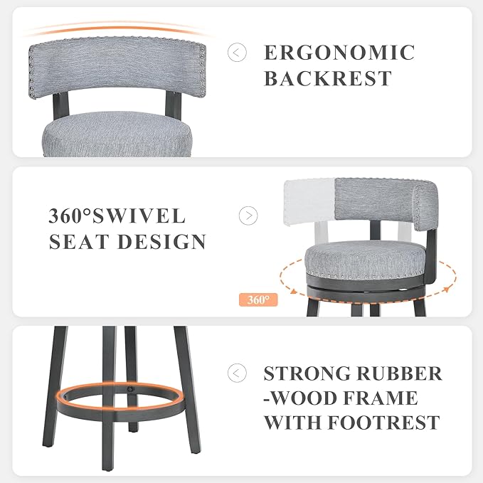 COLAMY Swivel Counter Height Bar Stools Set of 3, 25 Inch Modern Upholstered Kitchen Island Barstools with Back, Wood Swivel Bar Chairs for Counter Bar Dining Room, Grey