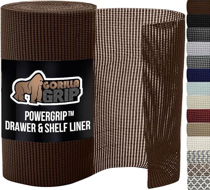 GORILLA GRIP powerGRIP Drawer Shelf and Cabinet Liner, Thick Strong Hold, Non-Adhesive Liners Protect Kitchen Cabinets and Cupboard, Bathroom Drawers, Easy Install, Breathable Mat, 20" x10', Chocolate