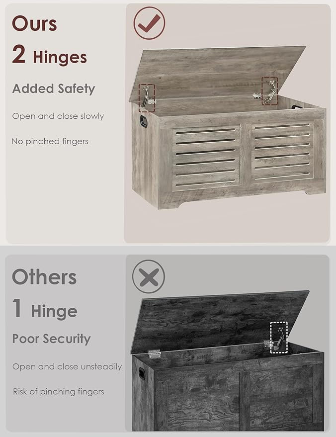 DINZI LVJ Storage Chest, 39.4”Wooden Toy Box with 2 Safety Hinges, Retro Entryway Shoe Storage Bench with Flip-Top, Sturdy Large Storage Trunk for Living Room, Bedroom, Easy Assembly, Gray Wash