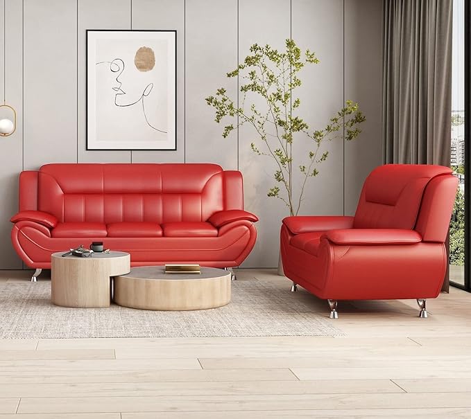 Container Furniture Direct Michael Modern Faux Leather Upholstered Stainless Steel Legs Living Room Sofa, Chair, Red