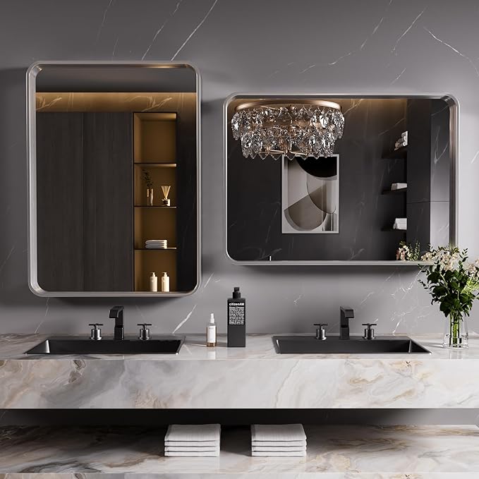 Brushed Nickel Bathroom Mirror 48x32 Inch, Brushed Silver Metal Frame Mirror Wall Mounted, Rounded Rectangle Bathroom Vanity Mirror, Tempered Glass, Anti-Rust, Horizontal/Vertical