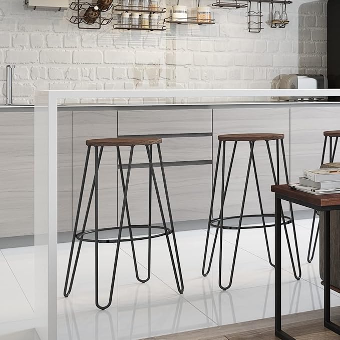 SIMPLIHOME Simeon Industrial Metal 26 inch Metal Counter Height Stool with Wood Seat (Set of 2) in Cocoa Brown / Black for the Dining Room and Kitchen