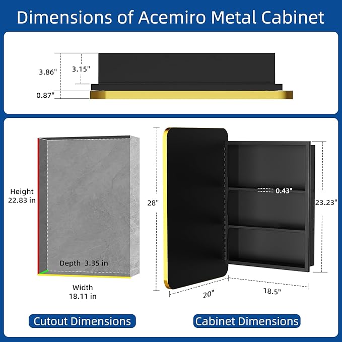 20x28 Inch Gold Recessed Medicine Cabinet with Mirror Metal Framed Surface Wall Mounted Bathroom Medicine Cabinet Mirror with Storage