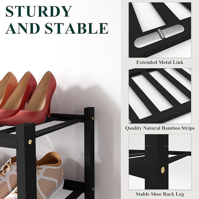 Smiry Shoe Rack, 5 Tier Bamboo Shoe Organizer, Stackable Free Standing Wooden Shoe Storage Shelf for Closet, Entryway, Front Door Entrance, Black