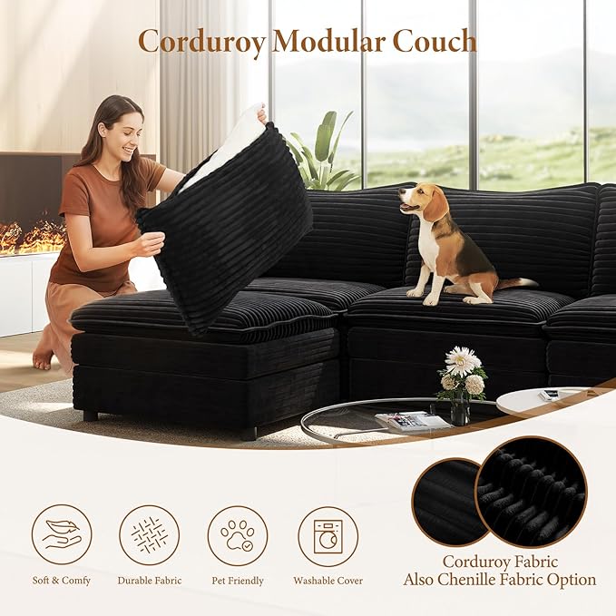 Vesgantti 142" U Shaped Sectional Couch, Comfy Cloud Modular Sectional Sofa with 2 Ottoman Deep Seat Corduroy Modern Cloud Sofa, Modular Sofas for Living Room, Bedroom and Apartment, Black