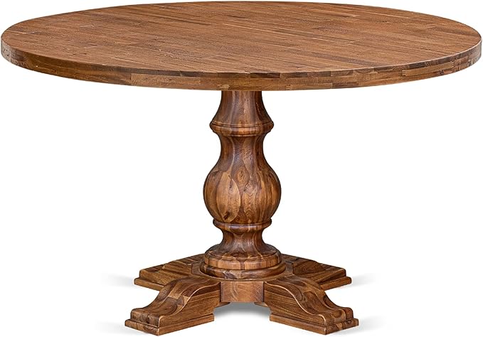 I55-0N-TP Modern Dining Table with Acacia Wood Round Tabletop and Stylish Pedestal Base - Antique Walnut Finish