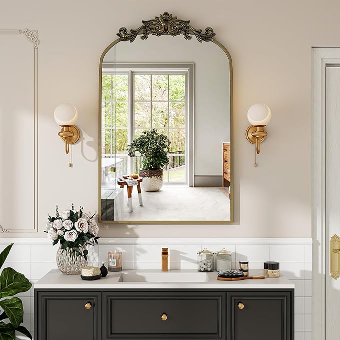 Vintage Arched Bathroom Mirror, 24x36 Inch Retro Wall Mounted Vanity Mirror with Carved Pattern Top and Metal Frame, Antique Decorative Mirror for Hanging or Leaning