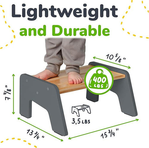 1-Step Wooden Step Stool for Toddlers | Kids Step Stool for Bathroom Sink, Kitchen, and Potty Training | Non-Slip Stool for Toilet Independence | Wooden Step for Children Ages 2+ Gray