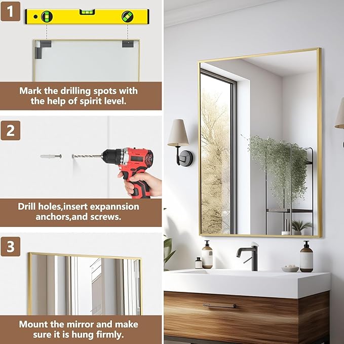 Gold Bathroom Mirror, 20"x30" Rectangle Mirror, Brushed Gold Mirror, Metal Frame Square Corner Vanity Mirror, Wall Mounted Mirror for Modern, Living Room, Bedroom, Horizontal Or Vertical