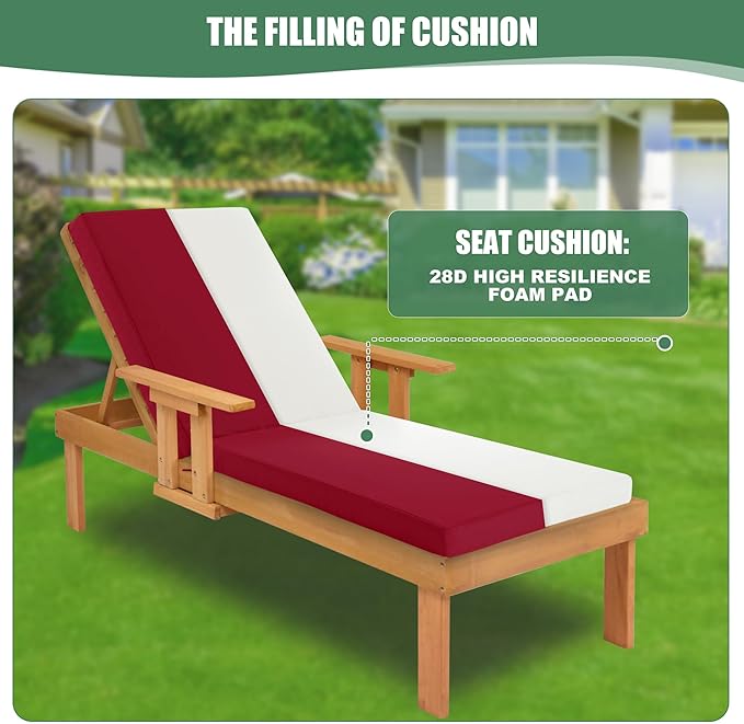 Chaise Lounge Cushions Outdoor Set of 4 - Waterproof and Fade Resistant Sun Lounger Replacement Cushions - Patio Lounger Pads with Removable Cover for Pool, Deck, Lawn, 80 x 26 x 3 Inch, Red