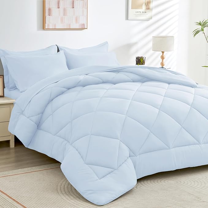 HEVUMYI Light Blue Cali-King Comforter Set - 7-Piece All Season Bed in a Bag Cali-King, Ultra Soft Bedding Set with Comforter, Flat Sheet, Fitted Sheet, Pillowcases, Pillow Shams