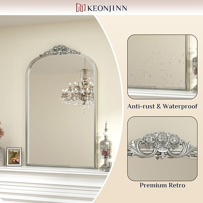 Keonjinn Vintage Mirror 30" x 36", Silver Antique Mirrors for Wall Decor, Arched Decorative Mirror for Mantle, Hallway, Living Room, Fireplace, Bedroom, Bathroom Mirror with French Cleat Mounting