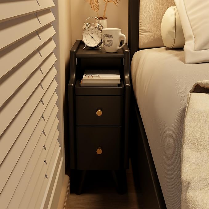Narrow Nightstand with Drawers, Wood Bedside Table, Small Black Nightstand Set of 2