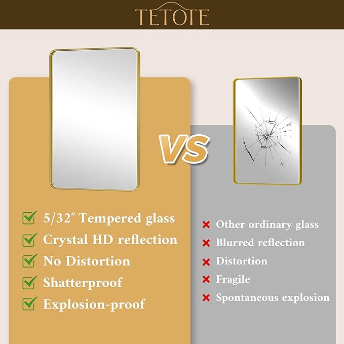 TETOTE Brushed Gold Bathroom Mirror 30 x 30 Gold Metal Framed Bathroom Mirror, Tempered Glass, Modern Farmhouse Wall Mounted Mirror for Decorative(Horizontal/Vertical)