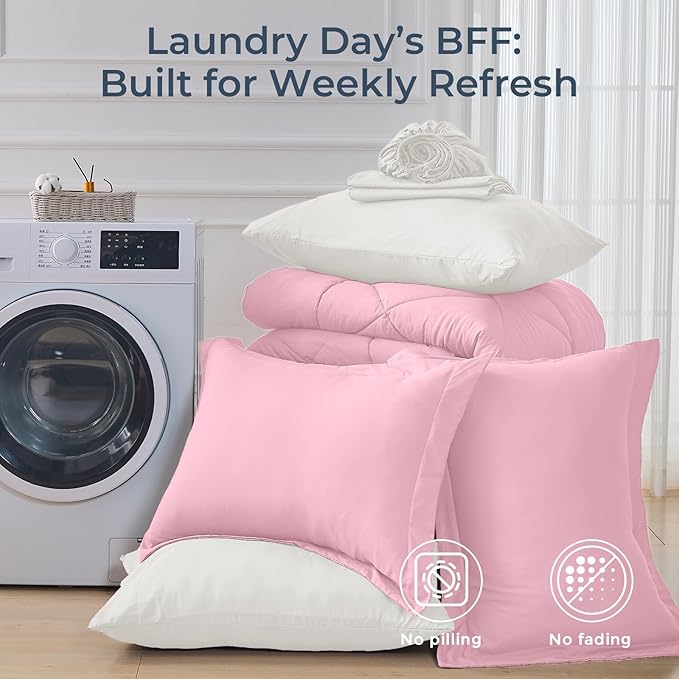 HEVUMYI Full Comforter Set - 7-Piece All Season Bed in a Bag Full, Ultra Soft Bedding Set with Comforter, Flat Sheet, Fitted Sheet, Pillowcases, Pillow Shams, Pink & Ivory